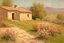 Placeholder: Sunny day, mountains, distant adobe house, flowers, spring trees, stone wall, spring, ludwig dettman and friedrich eckenfelder impressionism paintings