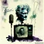 Placeholder: Profound watercolor and pen, movie poster aesthetic, double exposure spooky old wild bushy-haired zombie radio broadcaster looks like David Lynch speaking into an old-time radio microphone, photo layer sinister transistor radio set to 87.9 broadcasting ethereal abominations, Dramatic, creepy, oddball masterpiece, sfumato, complex contrast, dynamic composition, grand design