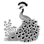 Placeholder: white, A peacock in a regal pose, focusing on its majestic feathers., coloring book, vector, white background, outline, with images neatly contained within the background, just black and white color, full body, no color.