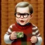 Placeholder: Peter billingsley chubby kid Tortoise-shell glasses, Holding a ((dark red soap block)) in his hand, brown argyle sweater