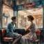 Placeholder: long profile shot of Young man and young woman woman sitting opposite in a vintage diner booth in a 1950s diner beside a large window in a nighttime small city, textured Speed paint with large rough brush strokes, watercolor, paint splatter, by Carne Griffiths, by Dino Valls, masterpiece, particles, fine art, quaint, nostalgic, romantic