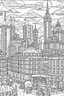 Placeholder: various architectural landmarks and cityscapes, coloring book page, simple and clean line art, adult drawing book, black and white, crisp black lines, no shades, sharp lines, coloring book for adults, cartoon style, landscape