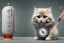 Placeholder: cute fluffy chibi beige cat with a giant thermometer in a modern room in sunshine