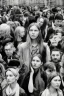 Placeholder: There's a crowd of people gathered in a Paris scenery between shops. They are viewed in black and white .They look emotionless. A close and personal photo of One beautiful woman who is in the middle of the crowd and she stands out from them, has striking eyes and long hair, looks up to the sky and smile. High detail, digital art. The shops in the background is painted with oil brush strokes