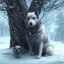 Placeholder: close up of sad, abandoned, miserable dog chained to a tree, family home in background, winter, black-cloaked figure near dog, loneliness, 8k resolution, high-quality, fine-detail, iridescent, intricate, digital art, detailed matte, volumetric lighting, illustration, 3D octane render, brian froud, howard lyon, selina french, anna dittmann, annie stokes, lisa parker, greg rutowski