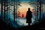 Placeholder: a backdrop of dusk a solitary figure silhouette of a person, is depicted, moving away from the viewer into a dense forest in a misty landscape, hinting at the need for secrecy and seclusion. The colors could be muted, evoking a sense of mystery and suspense. deep colors, harmonic stunning colors transition, black ink, mystic, surreal style, detalied, high textures, alone mood