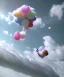 Placeholder: Ultra realistic clouds sky scene, wide angle, medium shot view, portrait, sweet Child, free jumping flying, trinkets, hair monster, jelly beans, balls, smile, happy, Peter Pan style, inflatable color clothing, extreme, wind, clouds sea, 20,000 feet altitude, stratosphere, soft color, highly detailed, unreal engine 5, ray tracing, RTX, lumen lighting, ultra detail, volumetric lighting, 3d, finely drawn, high definition, high resolution.