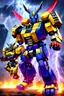 Placeholder: Optimus prime Donkey samarai warrior and bumblebee mech donkey ninja warrior with thunderstorms in the background and fireballs falling from sky