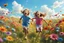 Placeholder: children run and laugh in the summer meadow, surrounding colors flowers, meadow, Happy and harmony vibe, blu sky and the little wind. high detailed, sharp focuses, photorealistic, cinematic