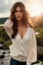 Placeholder: realistic, portrait and full body of a woman standing next to rocky river in country side, beautiful face with nice make up, sunlight, cinematic light, bangs, a beautiful woman, beautiful eyes, brown curved hair, perfect anatomy, very cute, princess eyes , (blue eyes) , nice sport shoes ,Centered image, stylized, life size,8k Resolution, low-cut dress with small blue details, human hands, wonder full, elegant, approaching perfection, dynamic, highly detailed, character sheet,