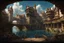 Placeholder: medieval buildings with balconies overhanging lake edge with blue sky and people, photorealism detailed matte painting, deep colour, fantastical, intricate detail, splash screen, concept art