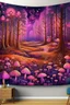 Placeholder: A purple forest with glowing mushrooms at nighttime designed in medieval tapestry painted by Claude Monet