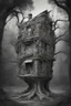 Placeholder: surrealis monochrome A fragmented, surreal sculpture liguid color of photorealistic image 3d,psychedelic art of a house surrounded by trees-glossy emerging from dreamlike a crumbling building. The face with with no eyes nothing appears pale with deep cracks and intricate details, evoking a haunting expression. Blackened tree branches intertwine with the gold mengkilat cracks, set against a backdrop of stormy, cloud-filled skies. bauhaus art The overall tone is dark and moody,