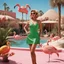 Placeholder: [high res photo by Gilligans Island] In the dazzling city of Las Vegas, Clad in a short green dress that sparkles under the desert sun, she finds herself in a most curious setting—a pink swimming pool teeming with flamingos and bananas, ready to fight, in dust, rust and blood, her body is covered with cartridge belts