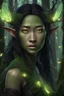 Placeholder: Druid, Elf, Mongolian face, Japanese face, green glowing eyes, black hair, bronze skin, mossy, natural, mystic, 3d Fantasy Art, detailed, realistic, shabby, black dress, majestic, forest, fireflies, woody