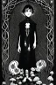 Placeholder: 7 year old boy, necromancer, friendly, looks dead, with weird mushrooms growing out of him, wearing black robes, in the style of Harry Clarke