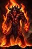 Placeholder: giant, horned beast covered in flames, with a demonic presence to him. His body appears to be made of pure molten lava, as his skin is darkened and cracked open, revealing lava underneath it. Whenever he uses his attacks, flames burst out of his body, revealing more of his fiery self hidden underneath his molten skin.