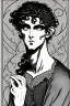 Placeholder: Black haired blue eyed freckled young male satyr alchemist in the style of aubrey beardsley