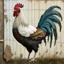 Placeholder: A portrait of a rooster in a proud pose. Canvas, textured paint, white washed. Farm setting with a barn in the background.