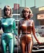 Placeholder: Ultra Realistic retro sci-fi movie Supermarket parking people scene, 1960 year, waist up view portrait, 2 clones blonde women, sweet teenager Jane Fonda face, perfect iris, glow eyes, face makeup, tight latex coat. many people looking, Retro sci-fi style, soft color, highly detailed, unreal engine 5, ray tracing, RTX, lumen lighting, ultra detail, volumetric lighting, 3d, finely drawn, high definition, high resolution.