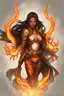 Placeholder: Capture the fierce essence of a female Paladin Druid, her eyes ablaze with fiery magic as she conjures flames with her hands. Bright black, half-braided hair appears infused with the essence of fire, complementing her light magical armor. A prominent scar on her face tells tales of battles faced and conquered, all against the canvas of her tanned skin, embodying strength and elemental mastery.