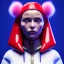 Placeholder: Russian woman, rounded face, purpurin made up, red, blue, pink, inflatable sweatshirt, feathers, latex, leather, soft color, highly detailed, art stations, concept art, smooth, unreal engine 5, god rays, ray tracing, RTX, lumen lighting, ultra detail, volumetric lighting, 3d, finely drawn, high definition, high resolution, neon background.