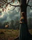 Placeholder: Bosch painting style, nightmare , a beautiful woman standing by the tree branches and leaves, looking at deer standing by great quality picture with cinematic scenes , heavy clouds in the background