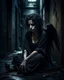 Placeholder: This image shows a fallen angel in a haunting, atmospheric scene. She sits in a dark alleyway, surrounded by subtle shadows and grunge textures, her skin damaged and her wild hair disheveled. A blind crow perches on her shoulder, adding to the eerie mood.