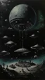 Placeholder: A black outer space with UFOs made out of iron painted by Karl Wiener