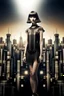 Placeholder: full body picture of a skinny woman with a bob, a fringe black hairstyle, 1920s flapper clothing, futuristic city background