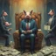 Placeholder: rich pig in suit on a throne making stacks of money by making a deal with a buisnessman. background of musicians. Payday payday. beksinski style.