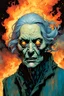 Placeholder: create an imaginative print illustration of an aged and emaciated female, blind Nordic seeress, malevolent and dangerous, dressed in rags, with finely detailed facial features, wreathed in a maelstrom of fire, in the comic book art style of Bill Sienkiewicz, Mike Mignola, and Jean Giraud Moebius, finely textured, drawn, colored, and inked