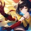 Placeholder: Clear focus,High resolution, Black short fluffy hair, and yellow eyes, wearing a black short skirt, sleeveless crop top, wearing long dark red gloves, yellow cloak