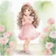 Placeholder: watercolor, full body, cute smile girl, curly hair, big eyes, long brown hair, pink dress, pink shoes, white backgrownd