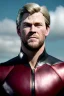 Placeholder: retro portrait image from 1960, sky background, wind, long blonde hair, fighting stance, young Chris Hemsworth, clean shave face, black dress, classic long tight lycra black suit, red cape, gold bracelet and belt, high boots, soft color, highly detailed, unreal engine 5, ray tracing, RTX, lumen lighting, ultra detail, volumetric lighting, 3d, finely drawn, high definition, high resolution.