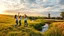 Placeholder: a group of young ladies in sports pants and blouse are dancing to camera in village over high grassy hills,a small fall and river and wild flowers at river sides, trees houses ,next to Ripe wheat ready for harvest farm,windmill ,cloudy sun set sky