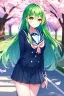 Placeholder: girl, masterpiece, best quality, cinematic lighting, detailed outfit, vibrant colors, perfect eyes, long hair, green hair, green eyes, hairclip, outdoors, ray tracing, god rays, in spring, cherry blossom, sparkle, depth of field, smile, school outfit,