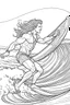 Placeholder: Outline art for coloring page OF A BUFF SURFER WITH LONG CURLY HAIR IN SHORTS RIDING A WAVE IN HAWAII LOOKING AWAY FROM US, coloring page, white background, Sketch style, only use outline, clean line art, white background, no shadows, no shading, no color, clear