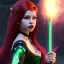 Placeholder: Attractive teenage girl with red hair who is dressed like a witch casting a spell with a quarterstaff, magic is in the background, green eyes, background is realistic space, goth girl dress, full body portrait, arm colors gradient effect into stars, rendered, unity 3d, unreal engine, dslr, hdr, 4k, edited, photorealistic, normal number of appendages, freckles, artists rendering