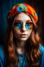 Placeholder: Space hippie girl with danish look and sunglasses of colours and long hair on the head. Farsightedness glasses and big eyes. Vintage look and feel like photos of the 70s