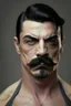 Placeholder: short wirey lean muscular trimmed goatee moustache sterm serious short black hair