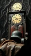 Placeholder: An old antique grandfather clock in the background of black vein, human veins, mixing together a lot of them, like a forest, big and small veins a lot of them, an army German helmet from ww2 sitting on an old broken throne