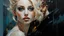 Placeholder: Blonde Pale Very Thin Scandinavian Woman 30yo, Big Eyes, Long Eyelashes And Eye Shadow, on steve Roger's lap kissing :: by Robert McGinnis + Jeremy Mann + Carne Griffiths + Leonid Afremov, black canvas, clear outlining, detailed