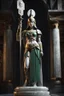 Placeholder: highly detailed marble and jade statue on a plint of the goddess of war. She is clad in plate mail, helmet, caries a roman pilum in her left hand and a shield in her right hand. stunning body. full body shot, Hyperrealism, breathtaking, ultra realistic, unreal engine, ultra detailed, volumetric fog, cinematic lighting, , stunning temple environment