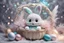 Placeholder: cute chibi plushy fluffy knitted and embroidered natural colored easter bunny in basket, feathers, easter eggs, iridescent flowers incorporated, light emitting, cracked bioluminescent holographic marble background, silver foil, sparkling diamonds, holographic raw pearls, ethereal, cinematic postprocessing