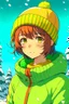 Placeholder: Girl with short brown hair, red eyes, green sweatshirt with a horizontal yellow stripe, he is wearing a Christmas hat, and in the background there are trees in the cold winter with lots of snow, Anime manga style