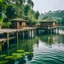 Placeholder: wooden resort, middle of the pond, nature, boat ride, good weather