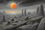 Placeholder: Grey sky with one exoplanet in the horizon, rocks, sci-fi, 2000's sci-fi movies influence, rodolphe wytsman and friedrich eckenfelder impressionism paintings