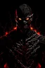 Placeholder: Vector Art, Front View, Demon, lava veins, stylized, Up close, half skin, black background, chains on body, wide face