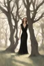 Placeholder: Wednesday in a low-cut black gown standing under a black tree, photorealistic, delicate detail.